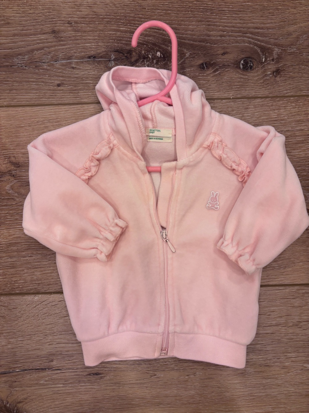 Benetton Baby Pink Hooded Baby Zip-Up velour Sweatshirt - 3-6 months